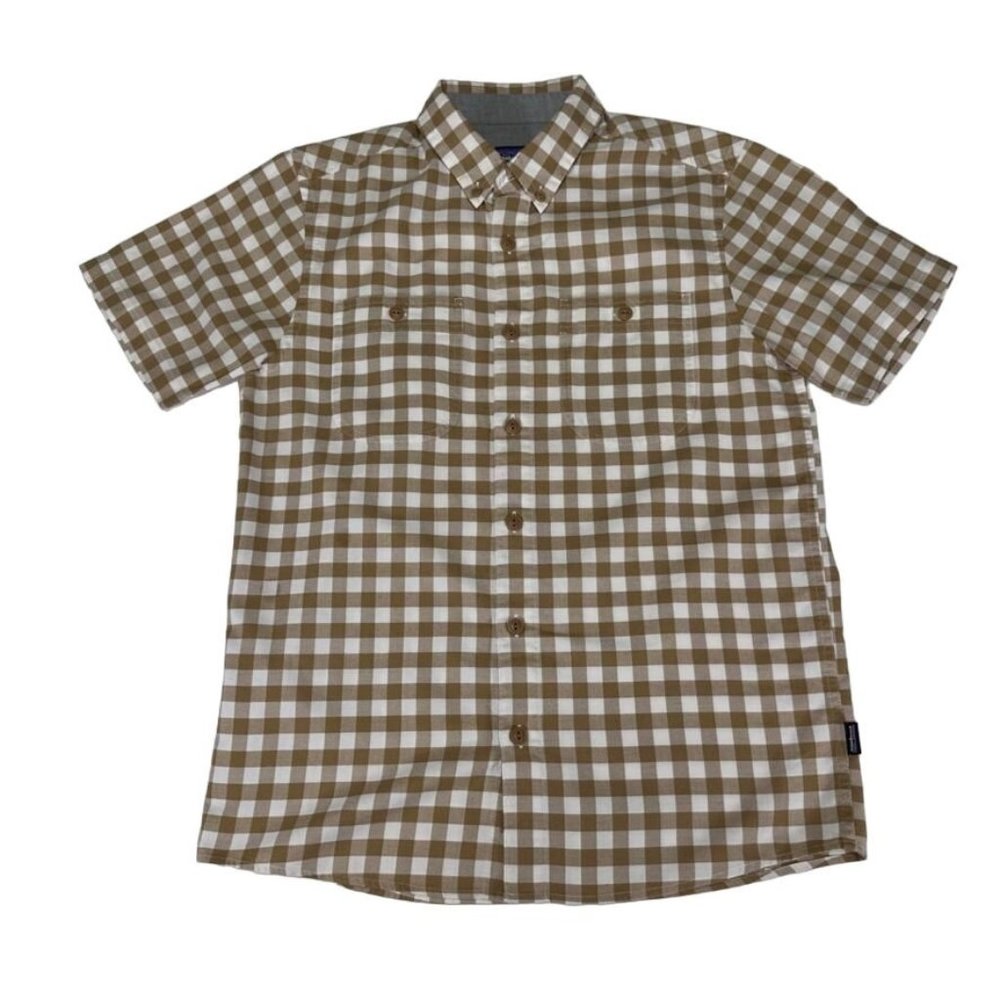 PATAGONIA Button Down Short Sleeve Plaid Shirt Brown Kids LARGE